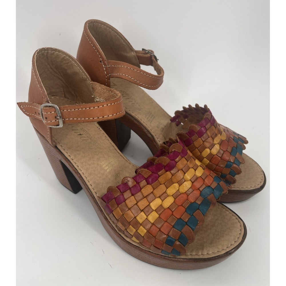 Artesanias Handmade‎ Leather Mexican Huaraches Shoes Block Heel Women Size 8